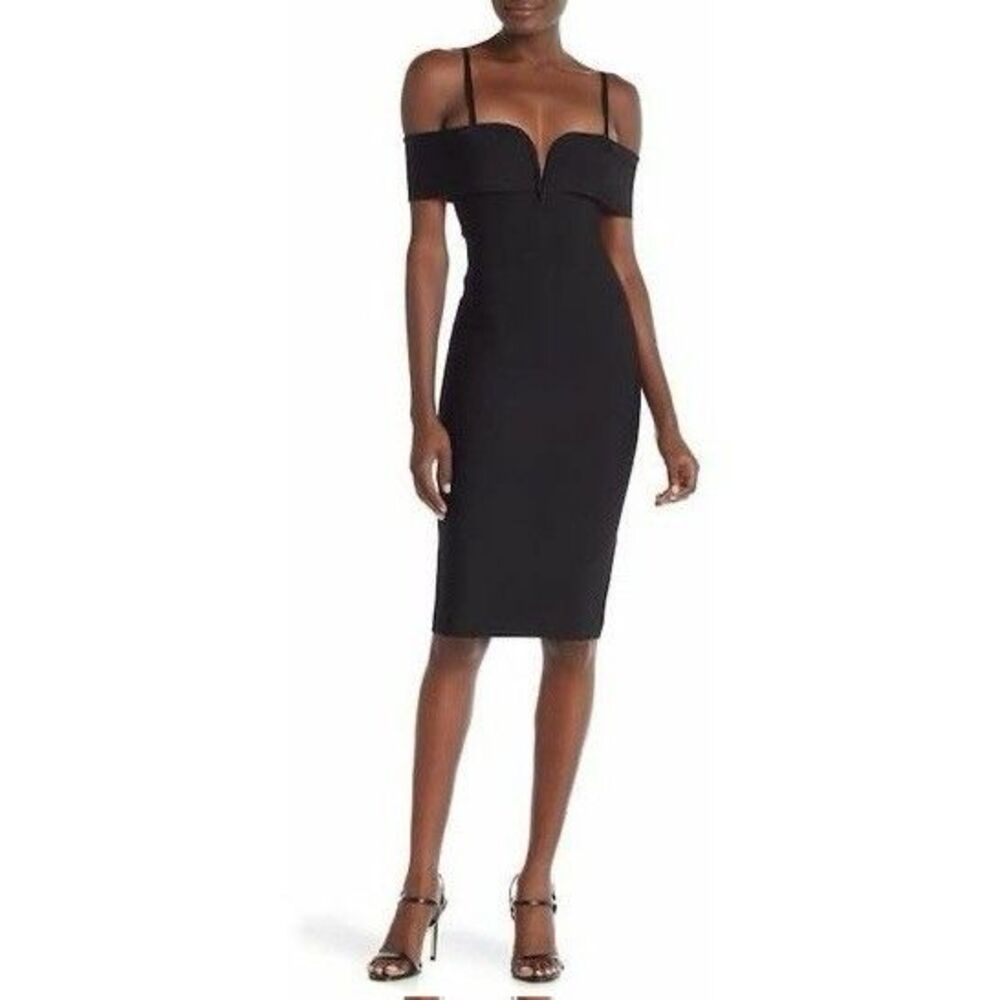 Dalia MacPhee Black Knee Length Bodycon Dress (Sz S) Off The Shoulder Deep V